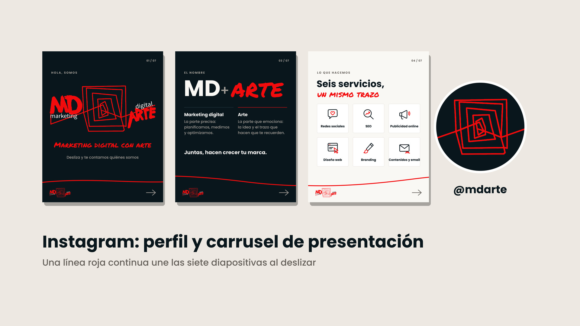 Perfil de Instagram y carrusel de presentación de mdarte