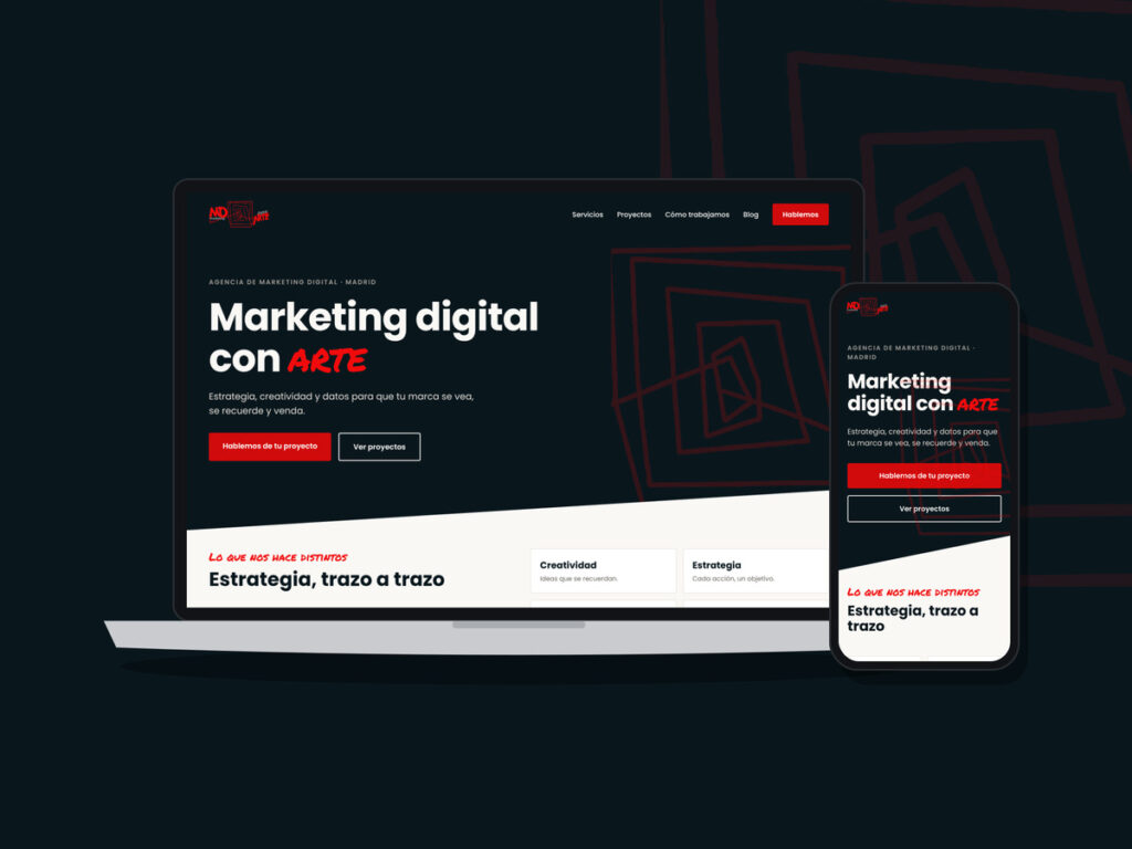 Web de mdarte, agencia de marketing digital en Madrid, en ordenador y móvil